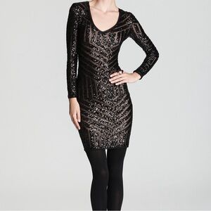 BCBG Maxazria Morris Sequin Fitted V Neck Dress